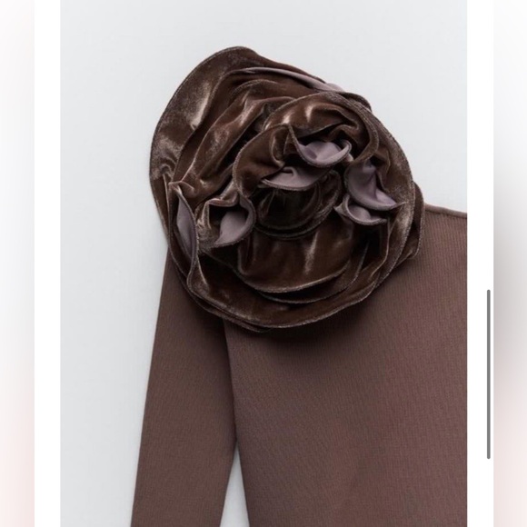 Zara One Shoulder Asymmetrical Brown Top With Velvet Floral Embellishment Medium - Picture 5 of 5
